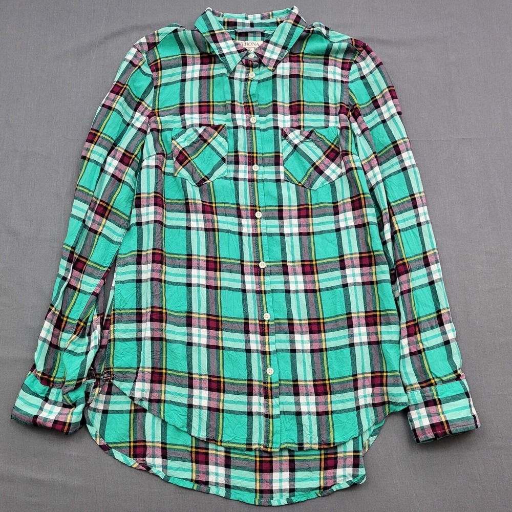 Merona Womens Plaid Button Down Shirt Teal Magenta Rayon Long Sleeve Size M
